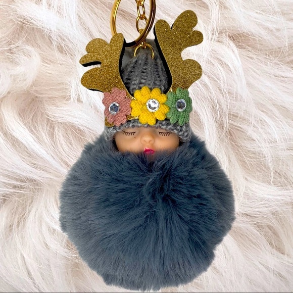 SLEEPY BABY  BIG POMPON IN GRAY CHARM KEYCHAIN NEW - Picture 1 of 4